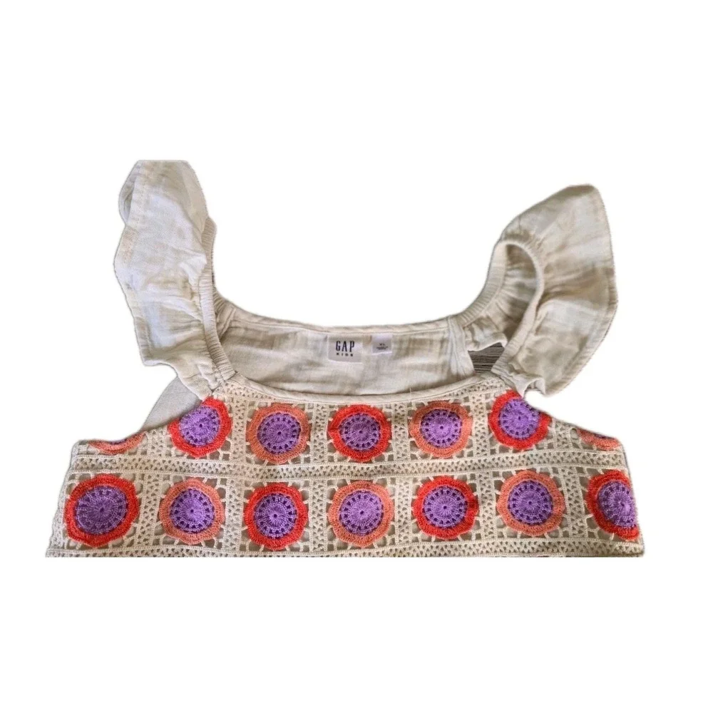 Gap Kids Girls XL‎ 12-14 Beige Gauze Tank Top Crochet Floral Flutter Sleeve Boho